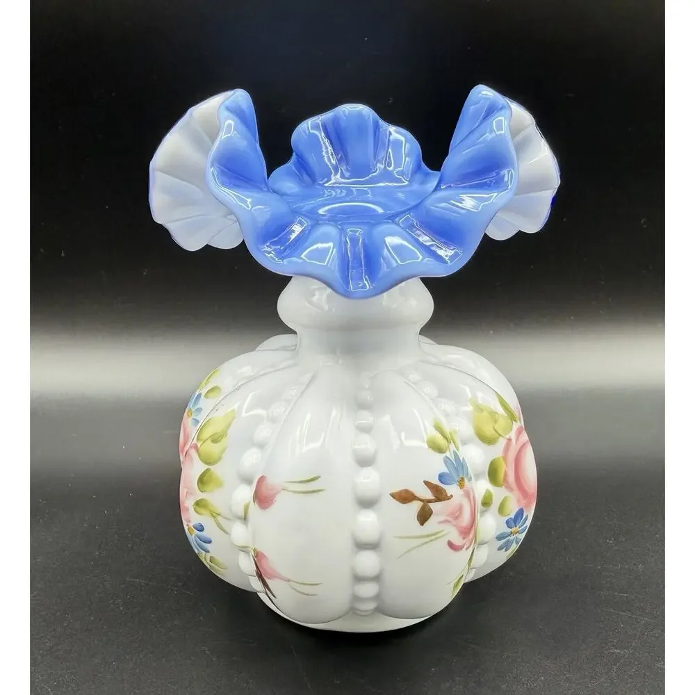 Fenton Blue Charleton Garden Hand Painted Beaded Melon Vase 5.5” Signed 2006